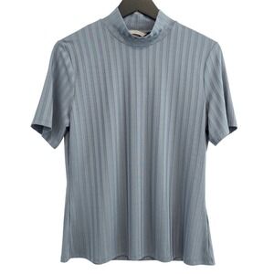 NWT H&M Ribbed Mock Neck Top Womens Large Blue Gray Basic Short Sleeve Shirt